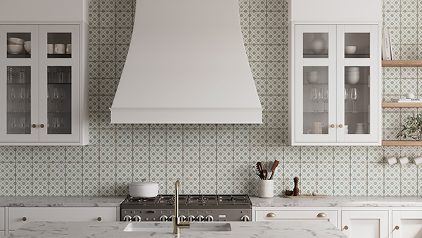 A kitchen backsplash wall featuring the Laura Ashley Wexbord Porcelain Wall and Floor Tile in Fresh Green.